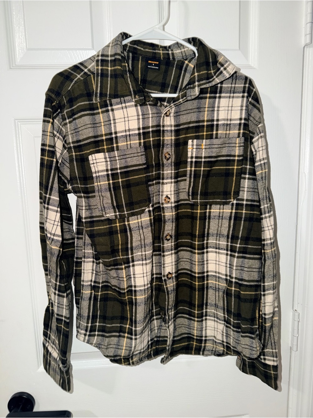 Brahma Mens Small Plaid Flannel Shirt Olive Green Cream Yellow Long Sleeve